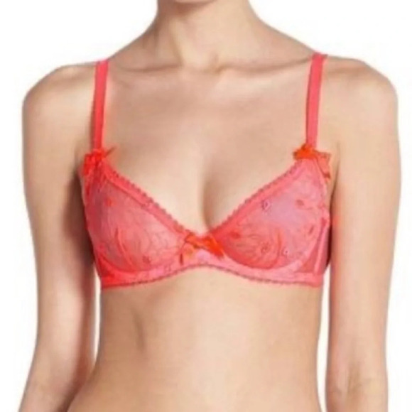 L’Agent Agent Provocateur neon melon bright pink lace mesh‎ bra 32A kisses lips - Picture 4 of 9